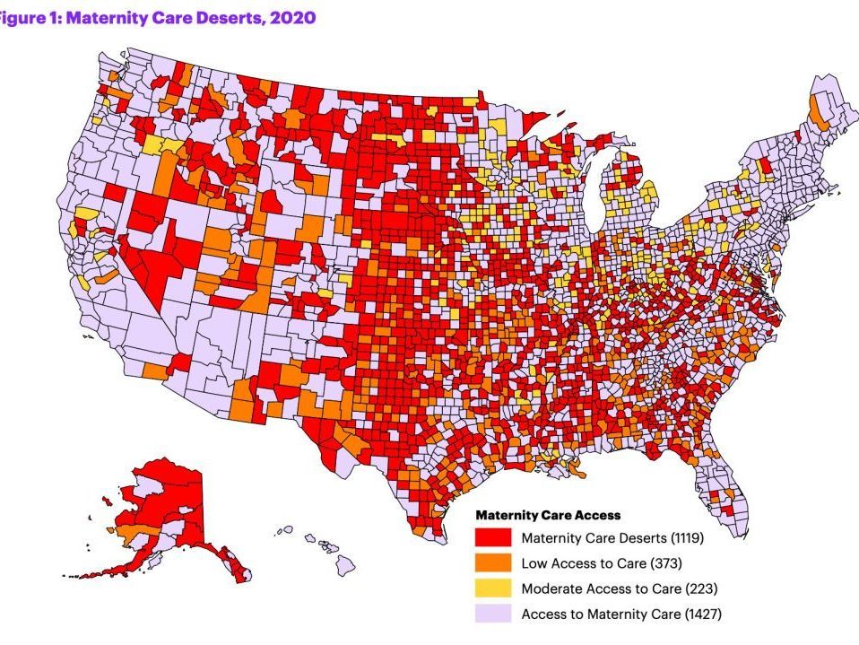 This map from the nonprofit March of Dimes shows maternity care deserts across the U.S. in 2020.