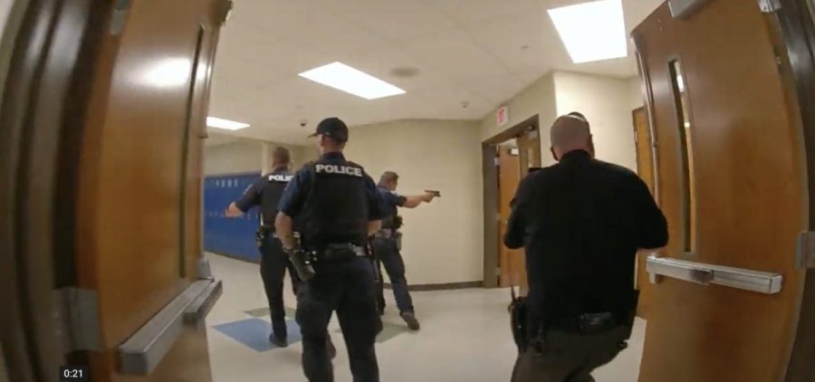 Still frame from body camera footage from a police officer responding to an active shooter call