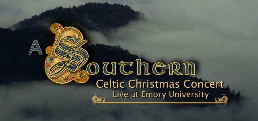 Title banner for A SOUTHERN CELTIC CHRISTMAS CONCERT over foggy appalachian mountains