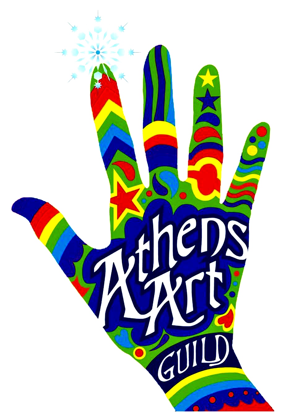 An image of the logo for the Athens Art Guild, which is the shape of a human hand with many colors and shapes in it.