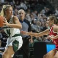 Kate Dennis of Ohio University, looks to pass the ball as she is being blocked by, Jacy Sheldon, of Ohio State University