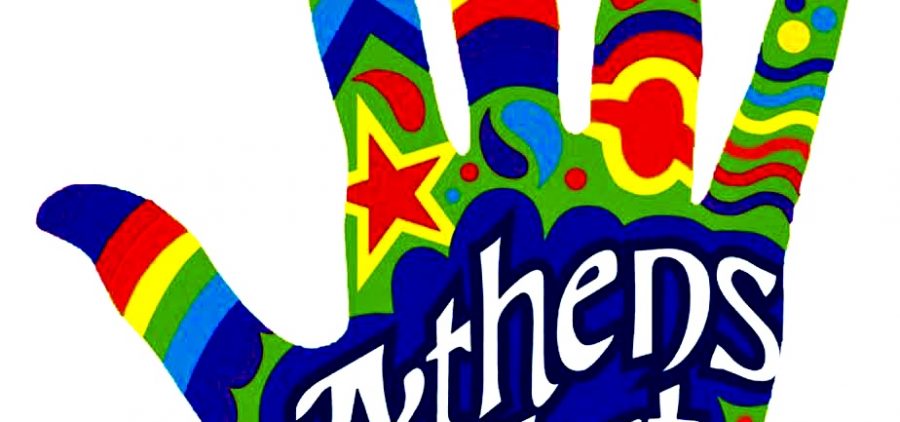 An image of the logo for the Athens Art Guild, which is the shape of a human hand with many colors and shapes in it.