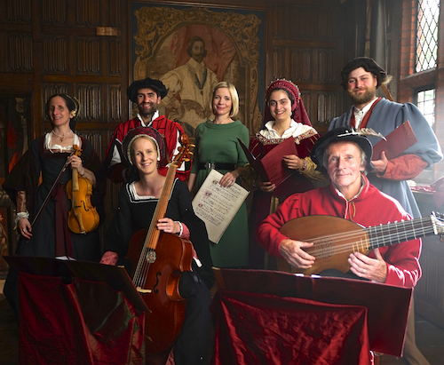 Lucy Worsley (center) with musicians at Ingatestone Hall.