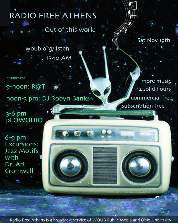 A promotional image for Radio Free Athens detailing the schedule for the DJs for the November 19, 2022 show.