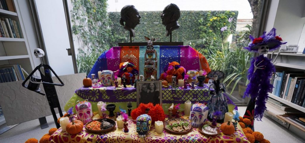An altar for Gabriel Garcia Marquez and his wife Mercedes Barcha is set up in the studio of their home in Mexico City on Oct. 27, 2021 for Día de Los Muertos.