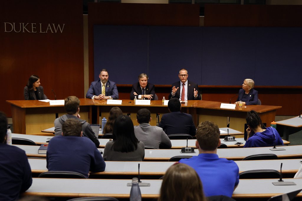 North Carolina Supreme Court candidates speak during a panel discussion ahead of the election at Duke University Law School in Durham, N.C., on Oct. 26.
