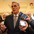 House Minority Leader Kevin McCarthy (R-CA) speaks with reporters as he leaves a House Republican Caucus Meeting for the House Floor on Capitol Hill