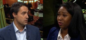 Ohio Secretary of State candidates Frank LaRose, Republican incumbent, on the left and Chelsea Clark, Democratic candidate on the right
