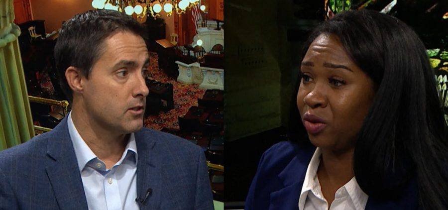 Ohio Secretary of State candidates Frank LaRose, Republican incumbent, on the left and Chelsea Clark, Democratic candidate on the right