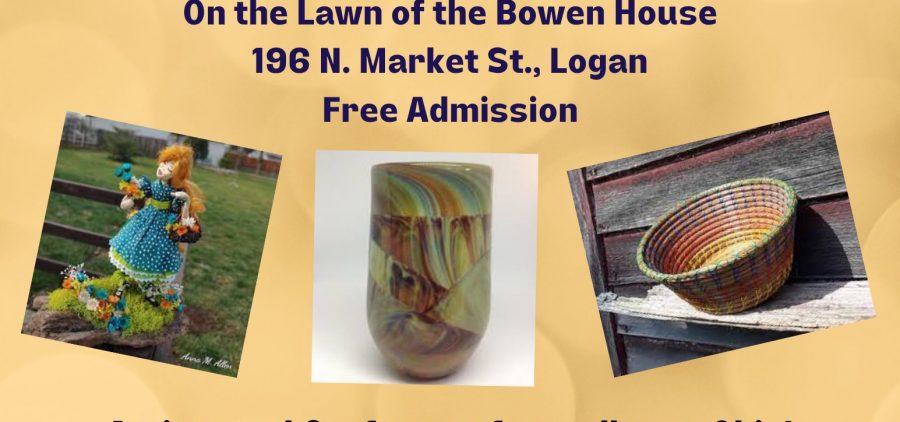 A flyer for the Bowen House Arts Festival 2023 Saturday, August 12th, 10 a.m. to 4 p.m. on the lawn of the Bowen House 196 N. Market Street Logan, Free admission. Artists and craftsmen from all over Ohio! Face painting for children and food truck. www.bowenhouse.org bowenhouse146@gmail.com