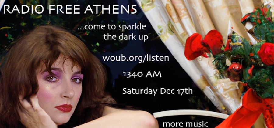A promotional image for Radio Free Athens, featuring an image of Kate Bush and listing the line up for the radio program.