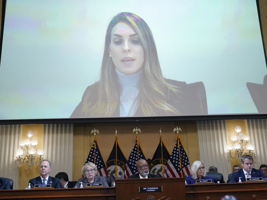 A video showing Hope Hicks plays as the House select committee investigating the Jan. 6 attack on the U.S. Capitol holds its final meeting on Capitol Hill Monday.