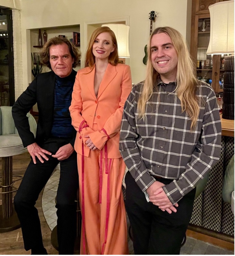 WOUB’s Ian Saint poses with ‘George & Tammy’ lead actors, Michael Shannon and Jessica Chastain; followed by holding an autographed poster with Georgette Jones. 