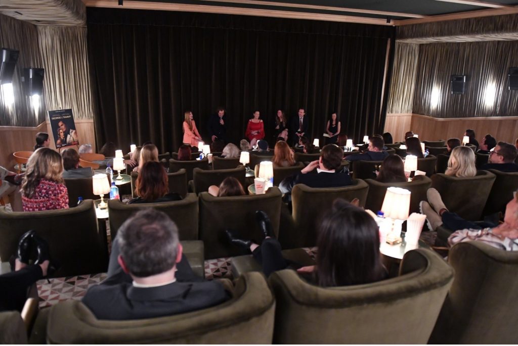 Following the ‘George & Tammy’ premiere screening at Soho House Nashville, CMT hosted a panel discussion with cast and crew. Pictured L-R: Jessica Chastain (Tammy Wynette), Michael Shannon (George Jones), Georgette Jones, music director Rachael Moore, David Wilson Barnes (Billy Sherrill), and Leslie Fram (CMT Senior Vice President of Music Strategy).