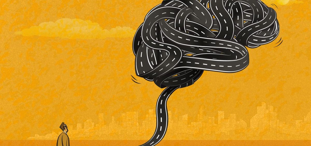 An illustration shows a person staring down a highway that rises into the shape of a human brain.