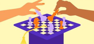 An illustration shows a person with a graduate hat on. On top of the hat is a chess board with two players reaching out to make a play at the same time, which is not how chess works.