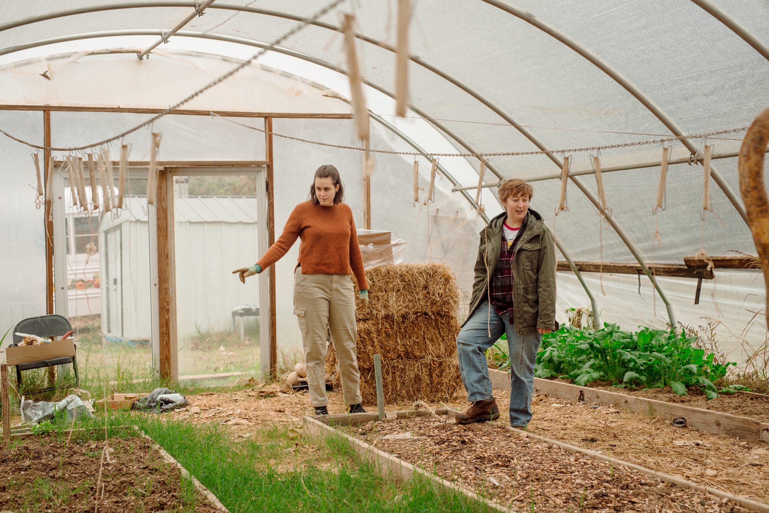 Two people stand in a greenhouse looking at raised plant beds.