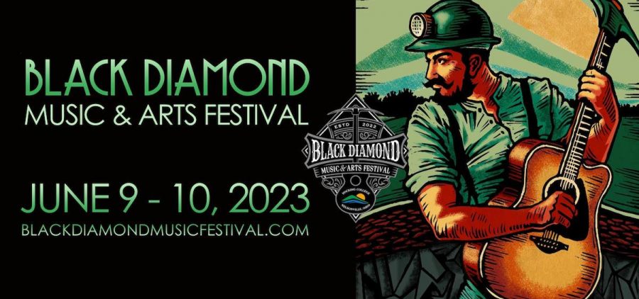 The logo for the Black Diamond Music Festival, which depicts a man with a mining helmet and a guitar.