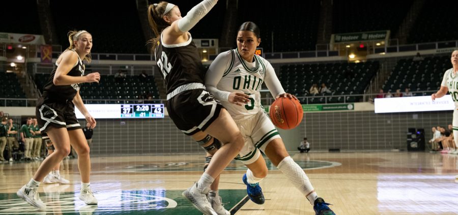 Caitlyn Kroll tries to move past a defender in the Bobcats game against Western Michigan