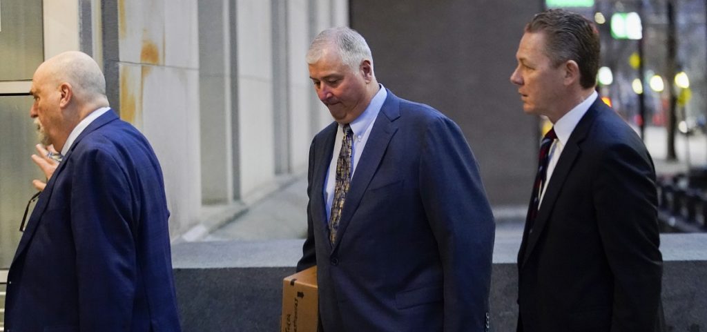 Former Ohio House Speaker Larry Householder, center, walks into Potter Stewart U.S. Courthouse with his attorneys, Mark Marein, left, and Steven Bradley, right, before jury selection in his federal trial