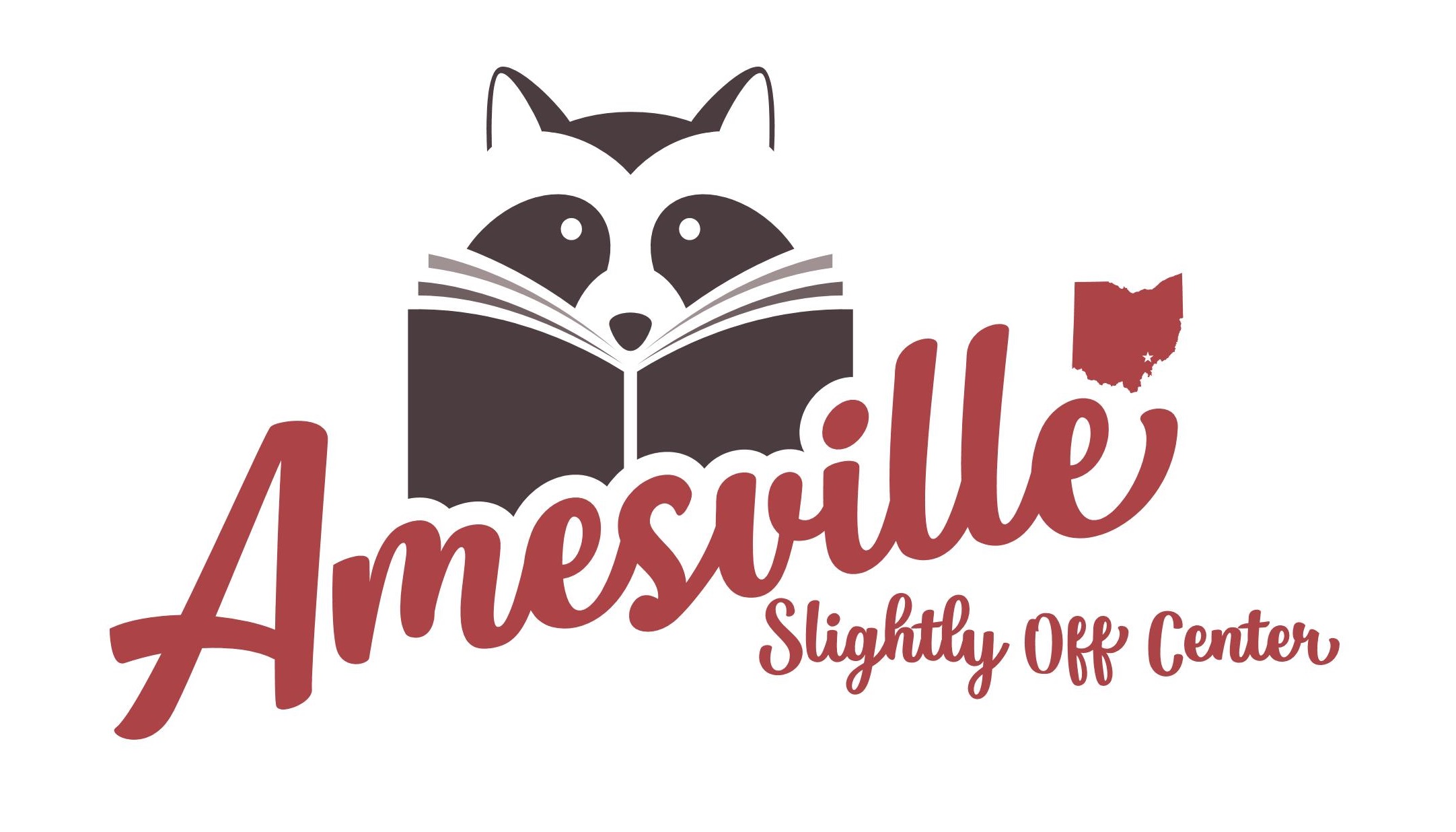 the logo for Amesville, which is an image of a raccoon reading a book over text that reads: "Amesville Slightly Off Center."