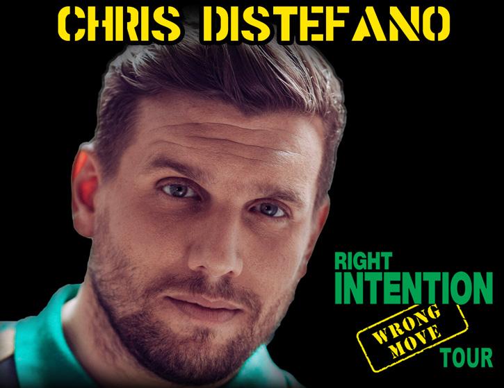 A promotional image for Chris Distefano with an image of him against a black background.