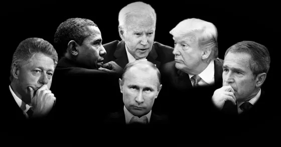 face of Putin in center surrounded by Clinton, Obama, Biden, Trump and Bush