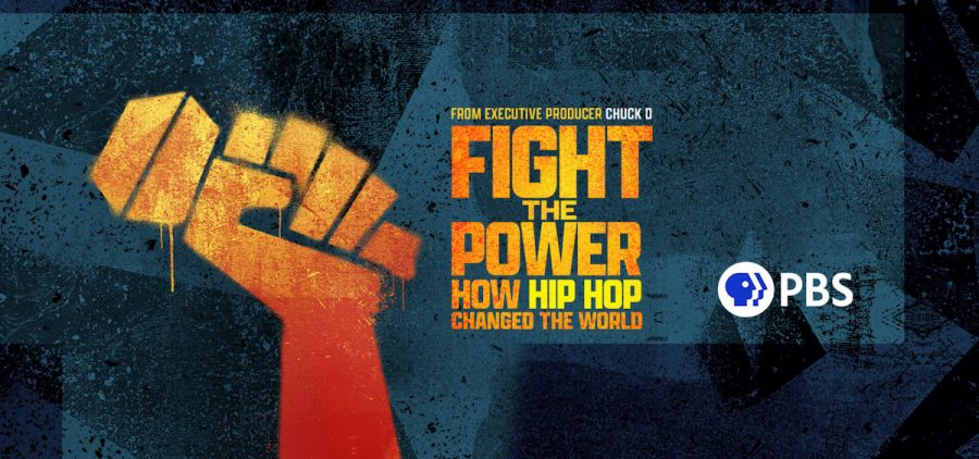 A promotional image for the PBS documentary series "Fight the Power: How Hip Hop Changed the World." Executive producer Chuck D. A spray painted fist holds a microphone against an abstract black and blue background.