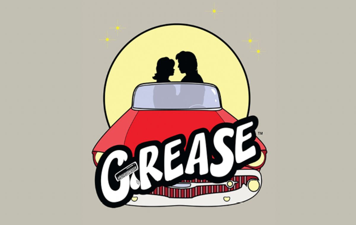 The logo for the theaterical production of "Grease." The image is an outline of two people in a red, open top car with the text of the play's title in thick letters underneath against a sand colored background.