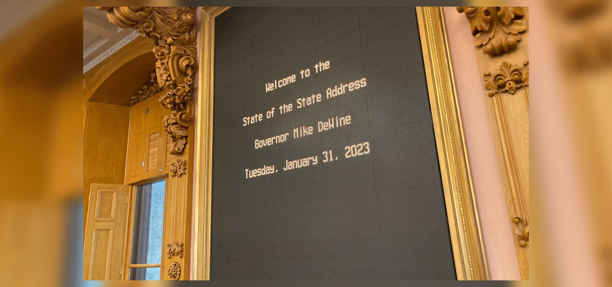 The Ohio House sign welcomes Gov. Mike DeWine for his 2023 State of the State address