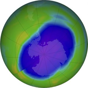 In this false-color image, the blue and purple show the hole in Earth's protective ozone layer over Antarctica on Oct. 5. Earth's ozone layer is slowly but noticeably healing.