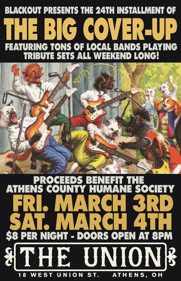 The promotional poster for the Big Cover-Up, a musical benefit for the Athens County Humane Society. The image is of anthropomorphized animals playing music.