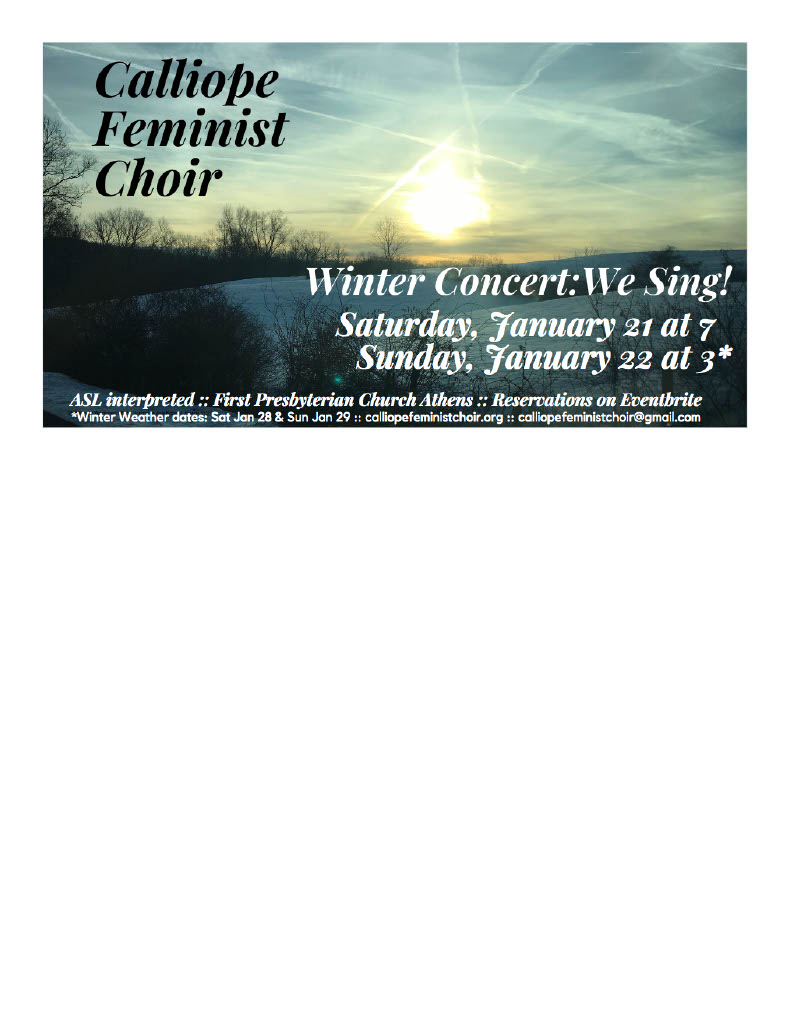 A flyer for the Calliope Feminist Choir's winter concerts. The text with the information about the performances against the image of a rising sun.