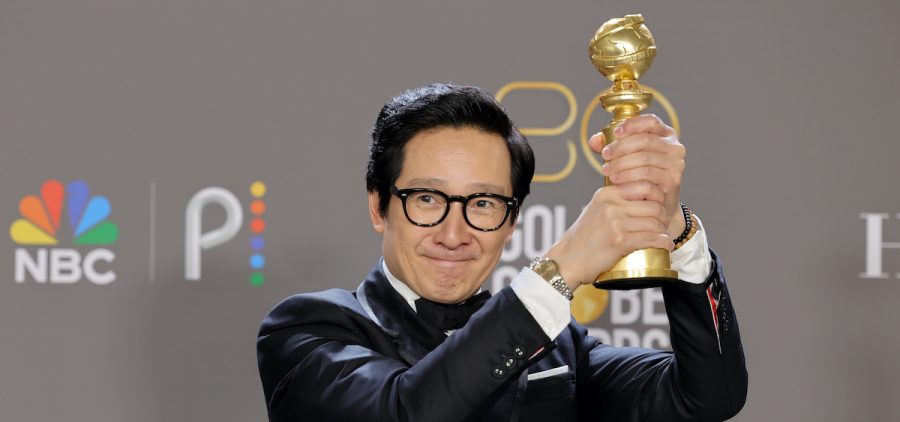 Ke Huy Quan poses with the Best Supporting Actor in a Motion Picture award for "Everything Everywhere All at Once" in the press room during the 80th Annual Golden Globe Awards at The Beverly Hilton on January 10, 2023 in Beverly Hills, California.