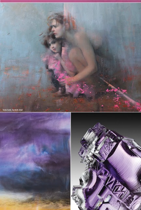 A promotional image for the "Intrinsic Luminescence" exhibition at the Decorative Arts Center of Ohio. The image is made up of three panels of images, each of them abstract and purple.