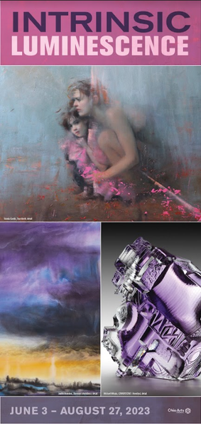 A promotional image for the "Intrinsic Luminescence" exhibition at the Decorative Arts Center of Ohio. The image is made up of three panels of images, each of them abstract and purple.