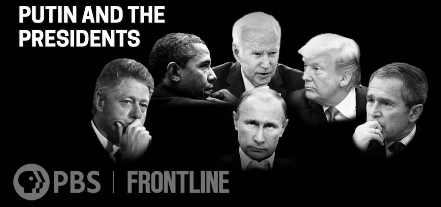 face of Putin in center surrounded by Clinton, Obama, Biden, Trump and Bush