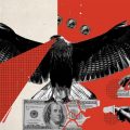 A mixed media collage shows a hawk with its wings spread, a person pulling out their pants pocket as to indicate they have no money, a cracked 100 dollar bill with disembodied hands trying to put it back together and some quarters