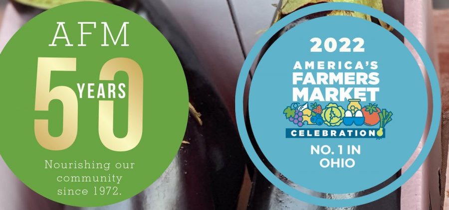 An image with two circles on it with text in them. The first circle is green and reads "AFM 50 years of nourishing families" and the second is blue and reads "2022 America's Farmer's Market Celebration"