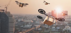 Unmanned drones deliver packages in a city