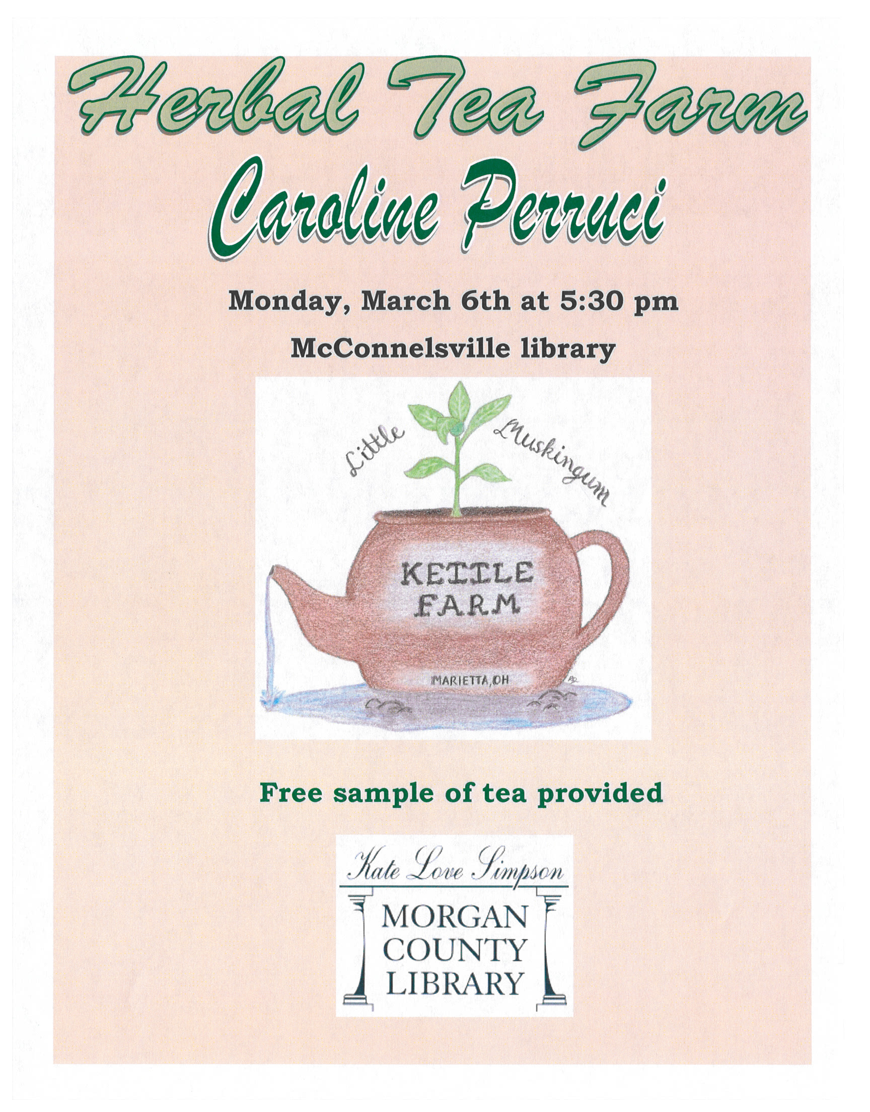 A flyer with a teapot on it for the event Herbal Tea Farm Caroline Perruci