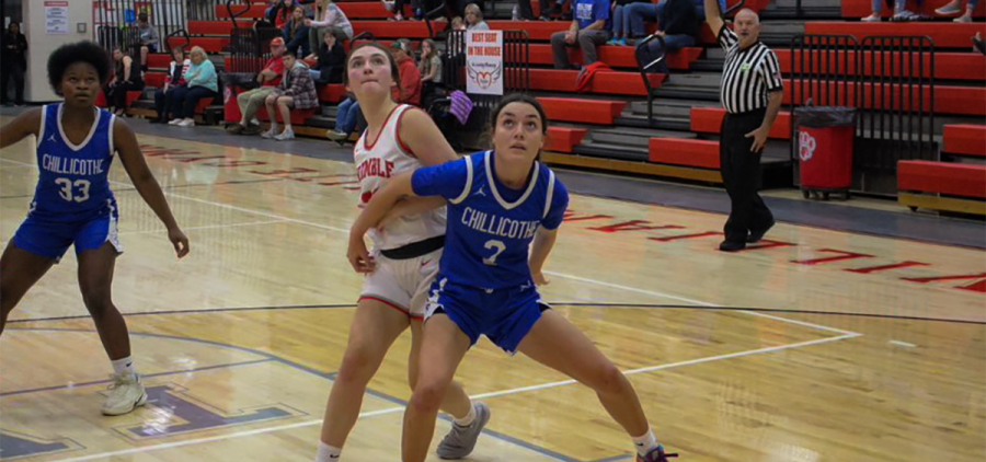 Trimble Senior Sophia Ives tries for a rebound in a game against the Chillicothe Cavaliers