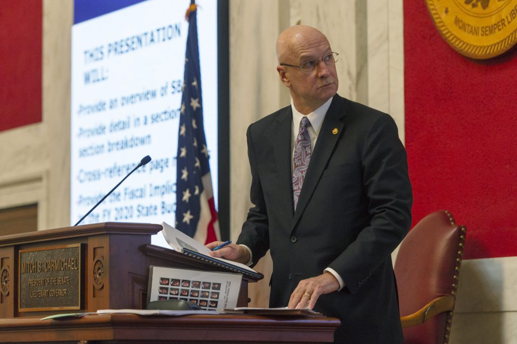West Virginia Senate President Craig Blair shown at the president's podium in the senate chambers