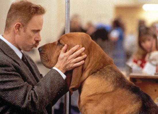 An image of a red haired man kissing a large dog.