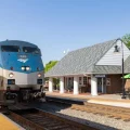An Amtrak train pulls into a station in Ashland, Virginia.