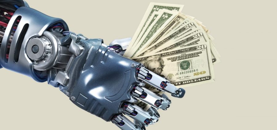 A robotic hand holds cash money in an illustration
