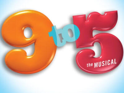 A logo for 9 to 5 the musical, which is "9 to 5" in bubble letters. The 9 is orange and the 5 is red.