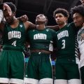 Ohio huddles after a tough loss in the MAC Tournament Semifinals