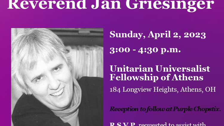 An image of the flyer for the community memorial for Reverend Jan Griesinger.