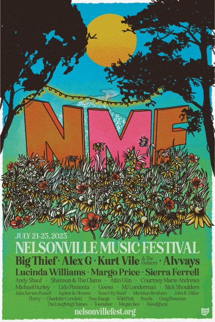 An image of the poster for the 2023 Nelsonville Music Festival, detailing the year's lineup.